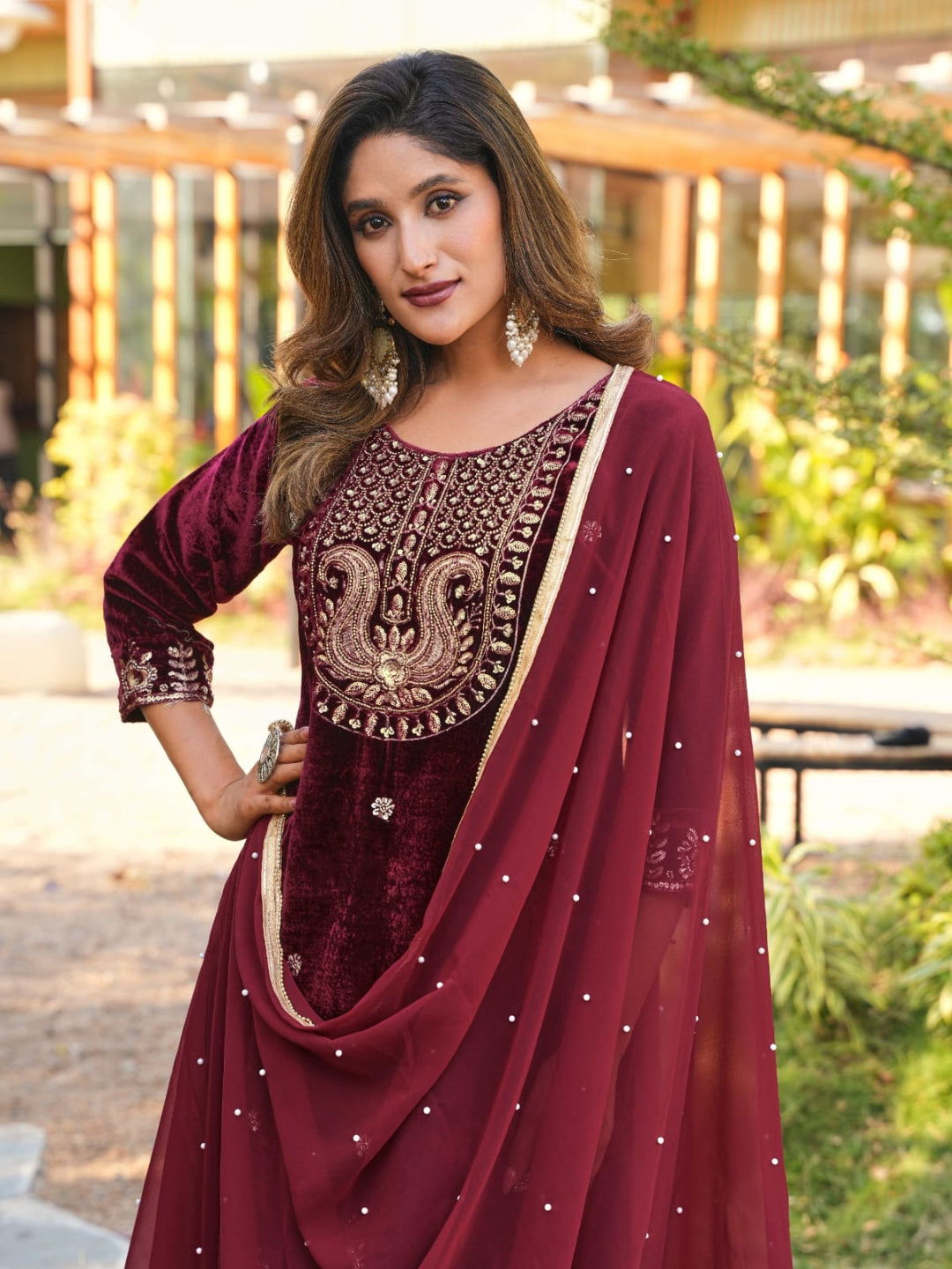 RE Designer 9000 Velvet Embroidered Suit Set with Sequin Work & Pearl Lace Dupatta (M-XXL)