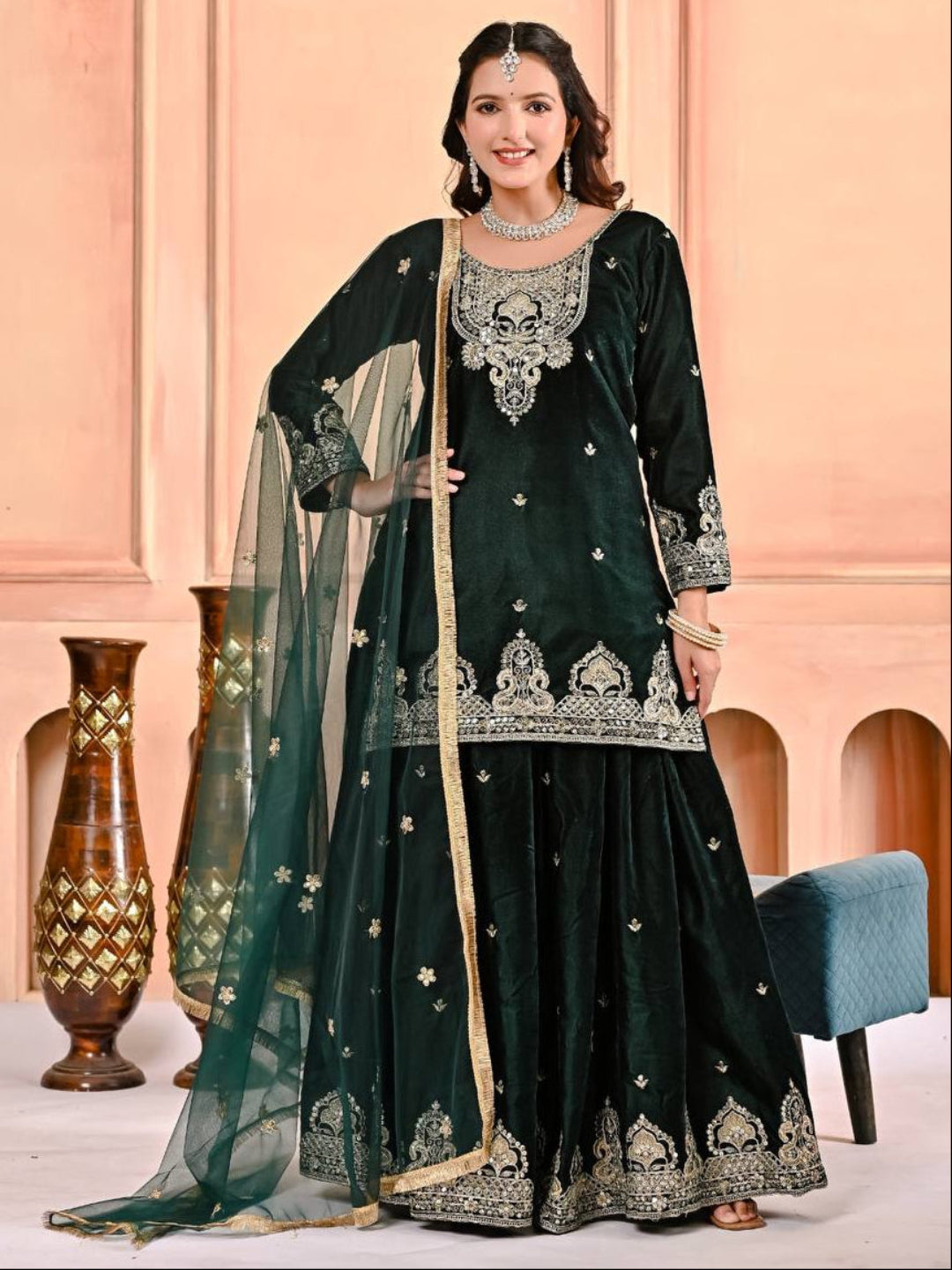 RE Pure Heavy Viscous Velvet Embroidered Sharara Palazzo Suit Set with Butterfly Net Dupatta (Sizes M-XXL)