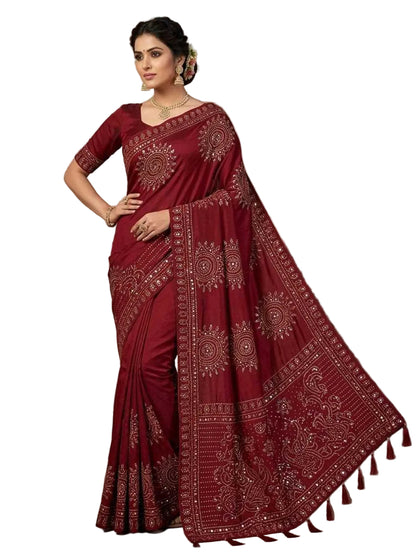 YNF Ajrakh Print Soft Satin Crepe Silk Saree with Real Mirror Work