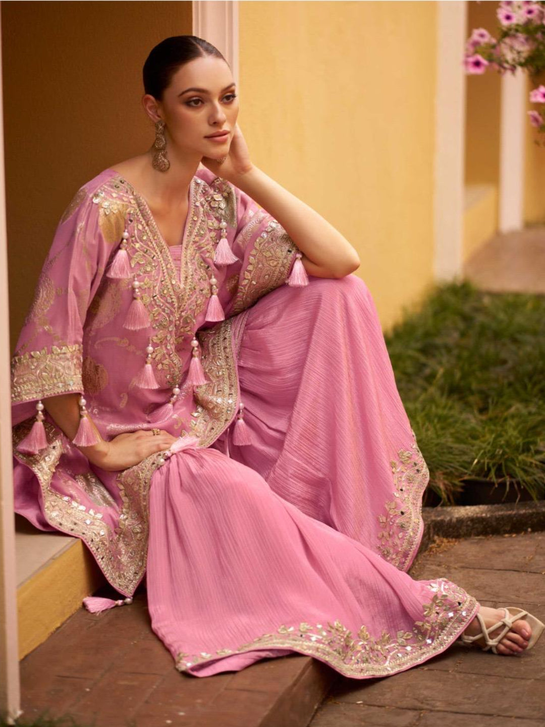 YNF Trendy Kaftan Gharara Suit: Real Chinon Silk with Hand Embellishment