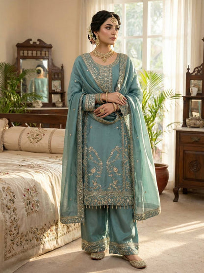 RE Pure GMY Silk Embroidered Suit Set with Sequence Work Palazzo and Dupatta (Sizes M-XXL)