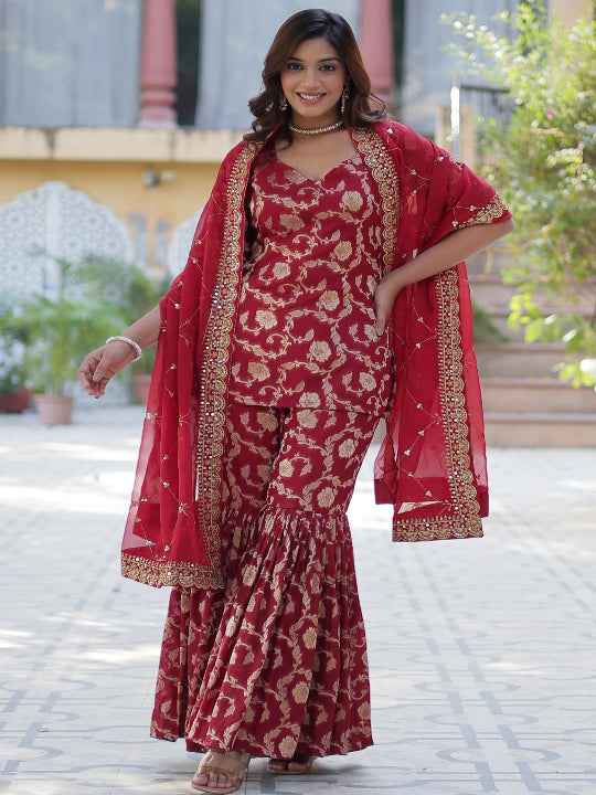 ES Georgette Jacquard Top, Gharara, and Dupatta with Sequins Embroidery and Lace Border