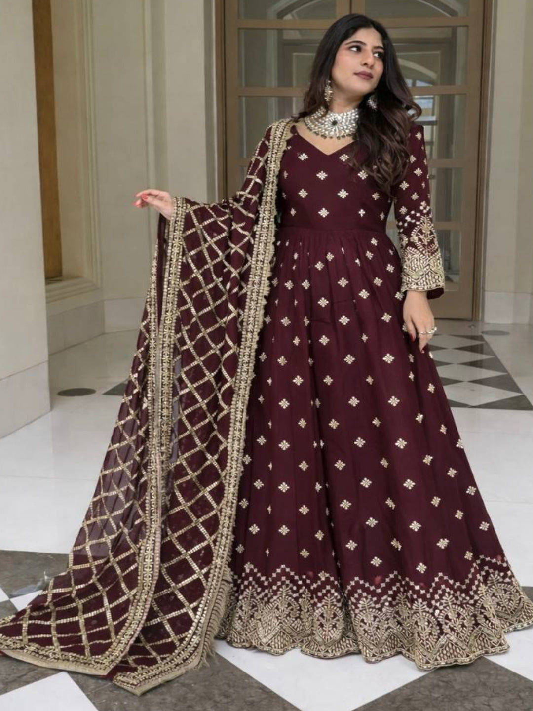 RE Heavy Fox Georgette Sequence Embroidery Gown Set with Butter Silk Pants & Zalar Dupatta