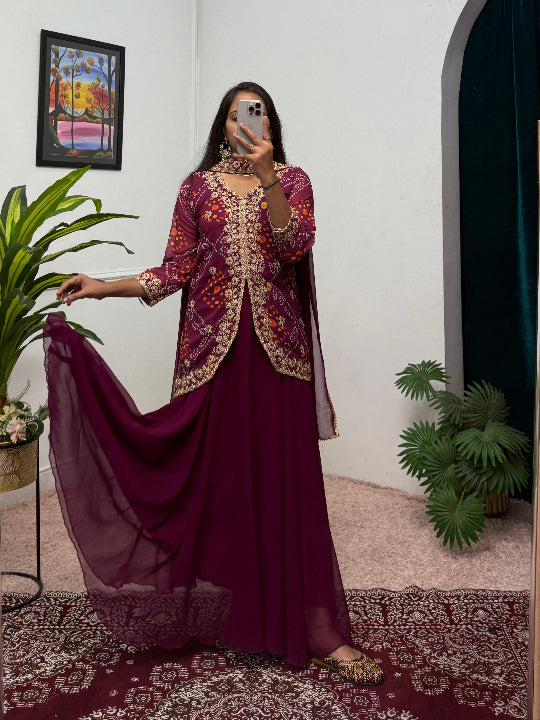 ES Women Faux Georgette Bandhani Koti-Lehenga 3 piece suit set