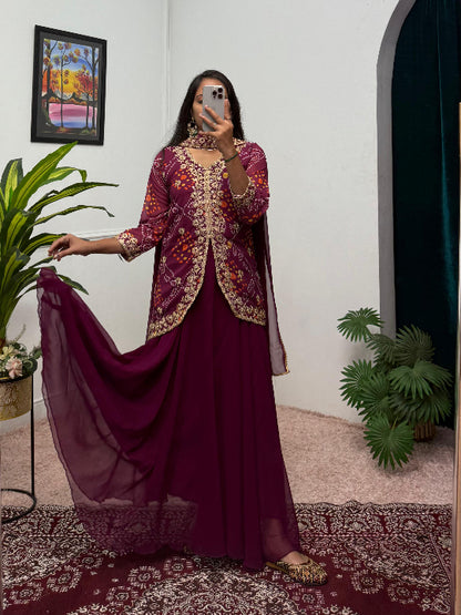 ES Women Faux Georgette Bandhani Koti-Lehenga 3 piece suit set