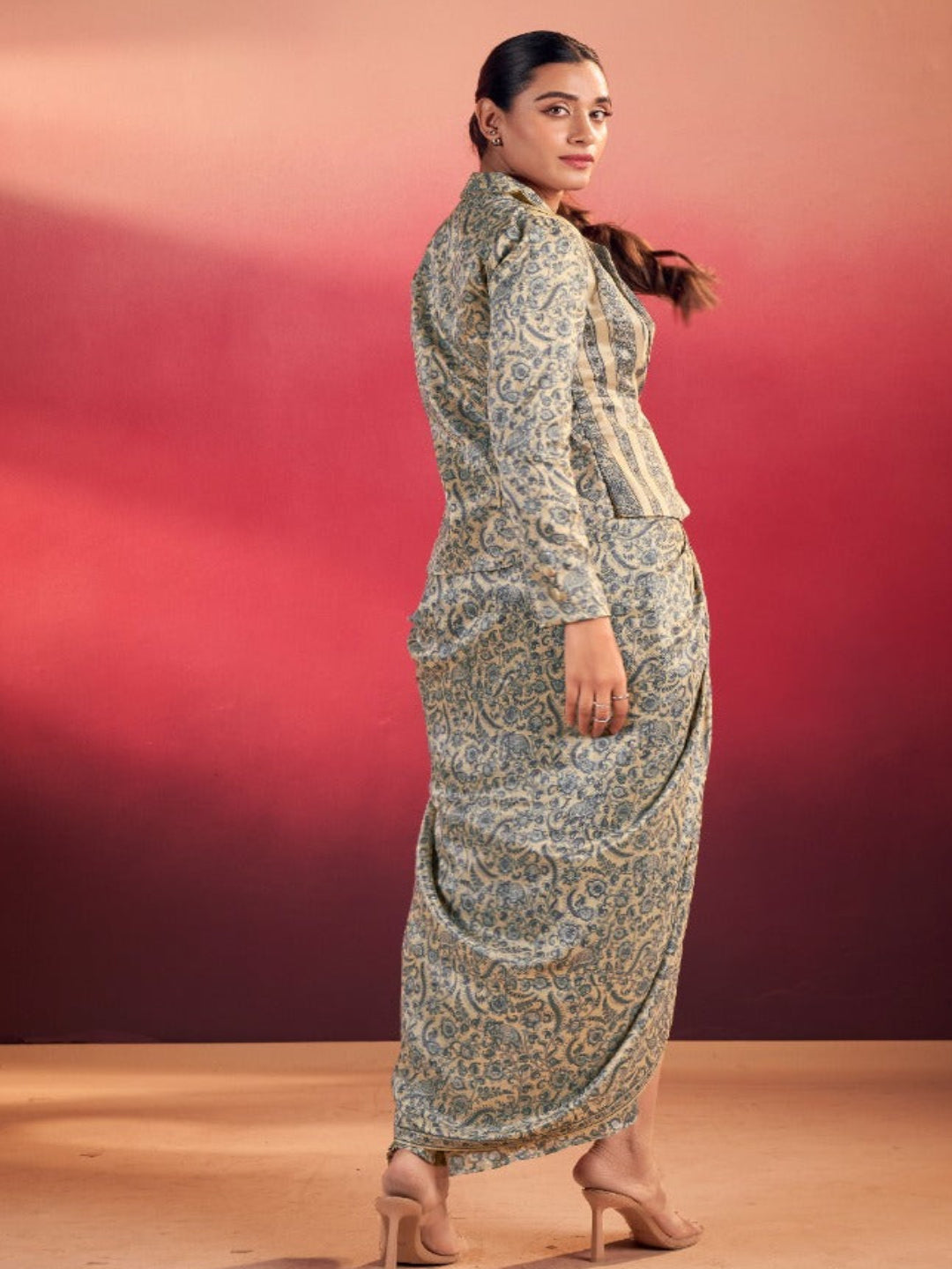 Women's Tasar Silk Printed 3-Piece Indo Western - Stitched Blouse, Top & Trousers- RE