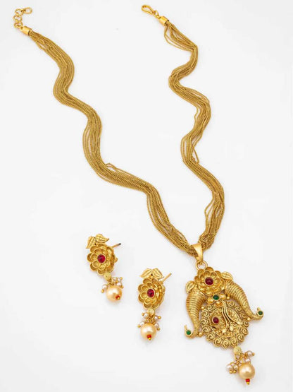 YNF Elegant Brass Gold Necklace and Earrings Set with Lustrous Pearls (Long Set) 2