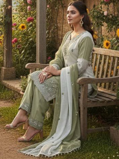 RE Pakistani Pure GMY Silk Digital Printed Suit Set with Embroidery & Cut-Work Sleeves (Sizes M-XXL)