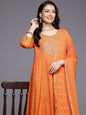 KF Mirror and Thread Embroidered, Zari Embellished Anarkali Kurta With Printed Bottom and Embroidered Dupatta