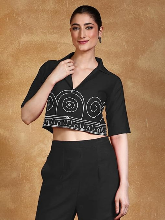 KF Thread Embroidered Crop Shirt with Flared Palazzo
