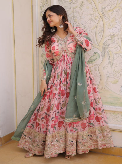 RE Designer Alia Cut Russian Silk Gown with Digital Print & Sequins Work