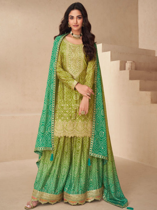 ES New Free-Size Stitched Catalog – Elegant Chinnon Silk Top, Plazzo & Dupatta