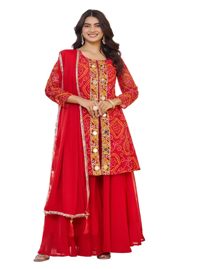 ES Designer Bandhani Print Fox Georgette Kurti Set with Authentic Mirror & Bead Work
