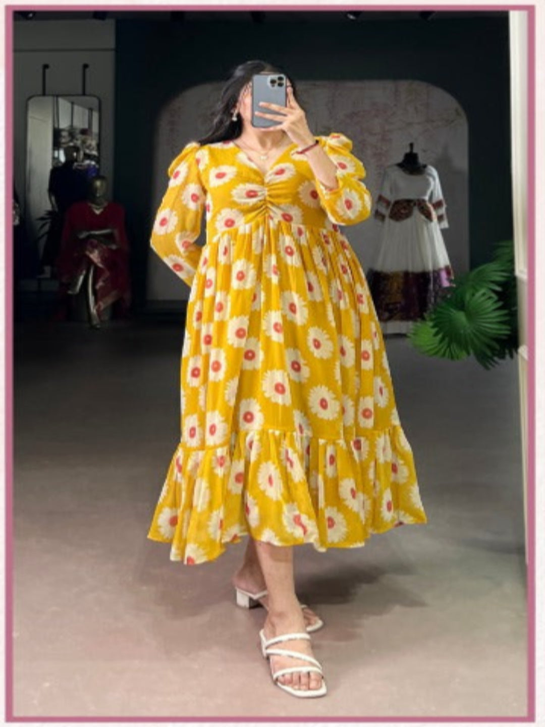 ES Graceful Floral Frock in Weightless Marble Fabric- Floral Print With Foil Work