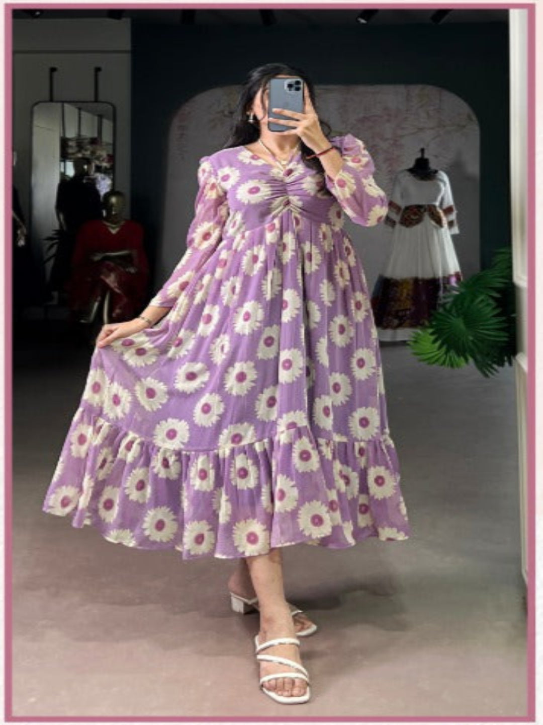 ES Graceful Floral Frock in Weightless Marble Fabric- Floral Print With Foil Work