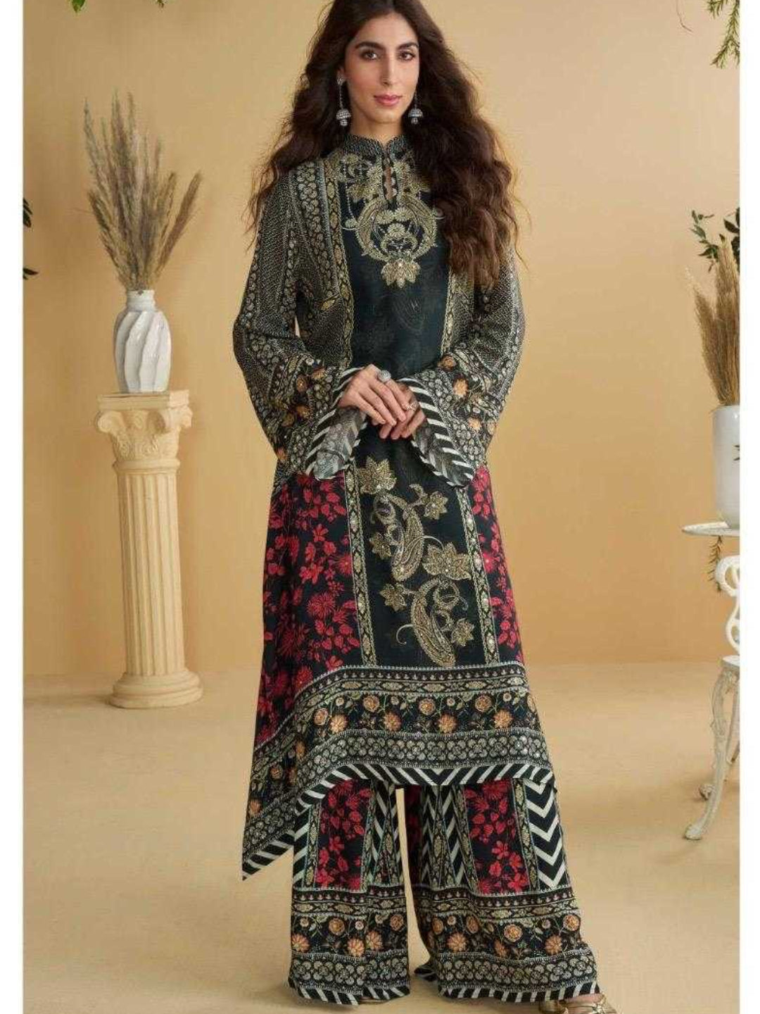YNF Crepe Silk Suit Set | Printed Top Palazzo | Hand Aari Gota Patti Work