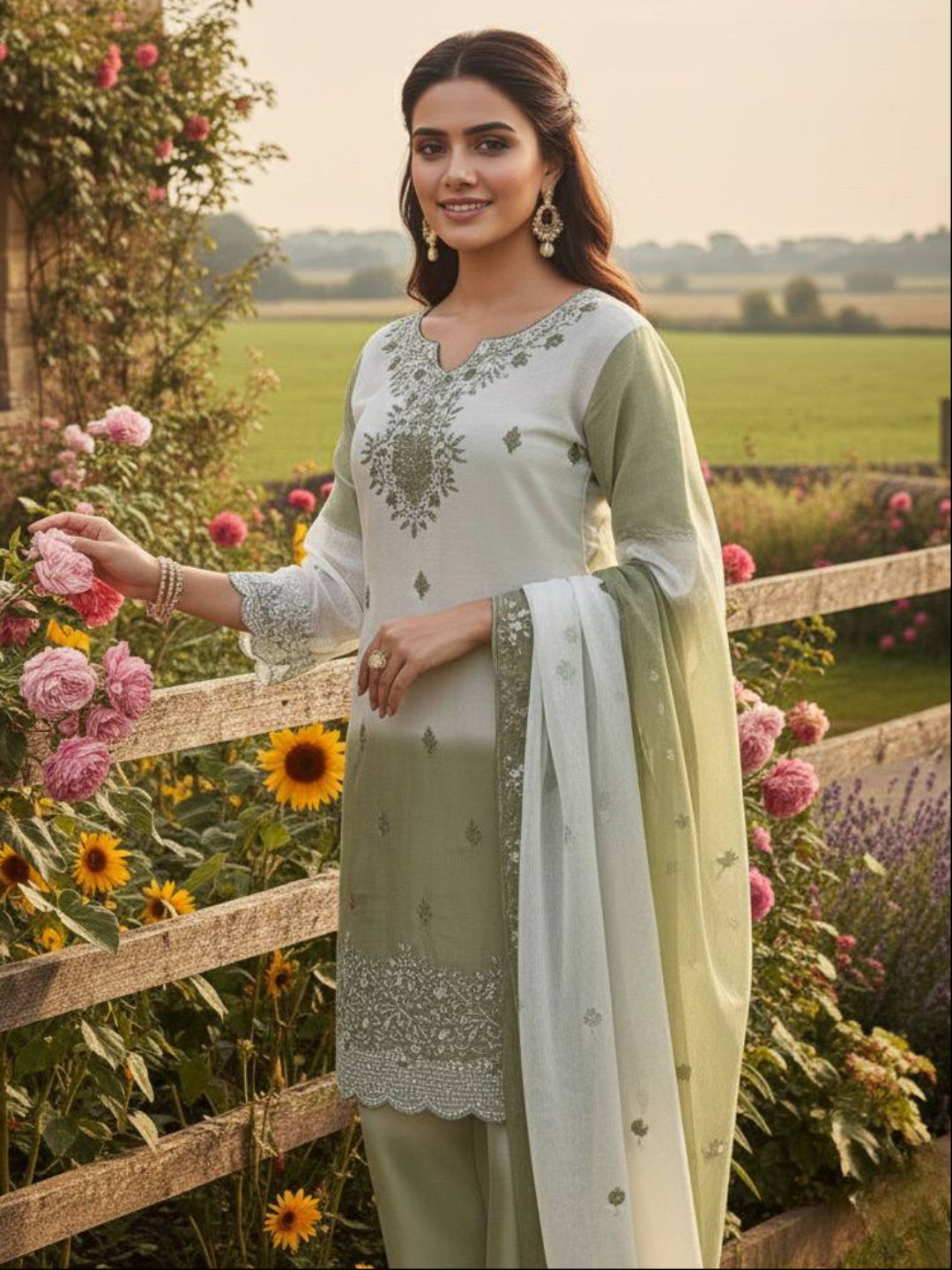 RE Pakistani Pure GMY Silk Digital Printed Suit Set with Embroidery & Cut-Work Sleeves (Sizes M-XXL)