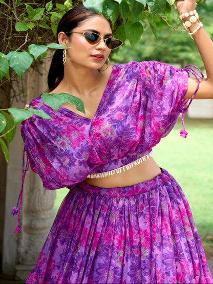 Chiffon Floral Print Stitched Lehenga Choli