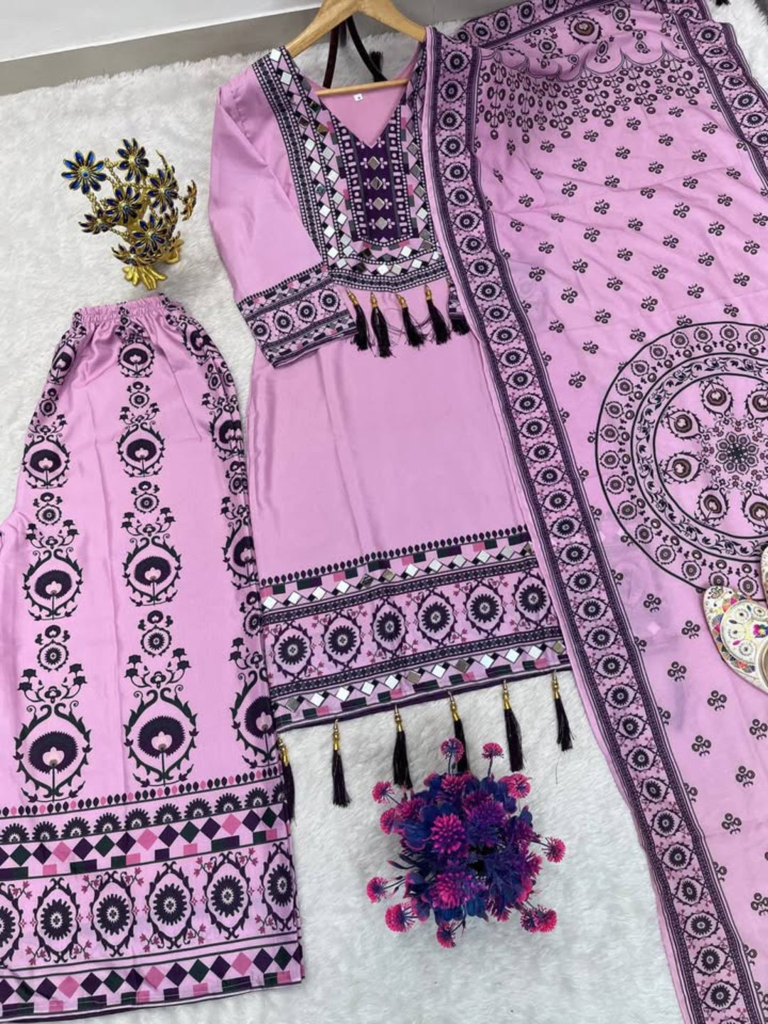 RE Maslin Silk Digital Printed Suit Set with Real Mirror Work and Palazzo (Sizes M-XXL)