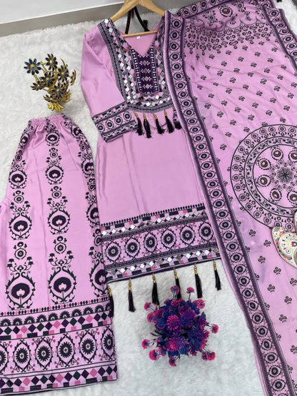 RE Maslin Silk Digital Printed Suit Set with Real Mirror Work and Palazzo (Sizes M-XXL)