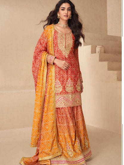 ES New Free-Size Stitched Catalog – Elegant Chinnon Silk Top, Plazzo & Dupatta
