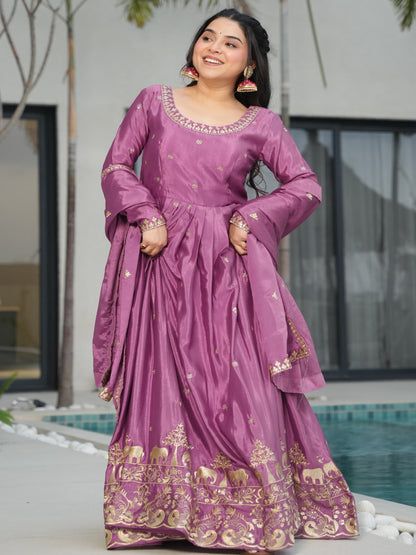 ES Designer Gown Chinnon Fabric With Embroidery, Zari & Sequin Work