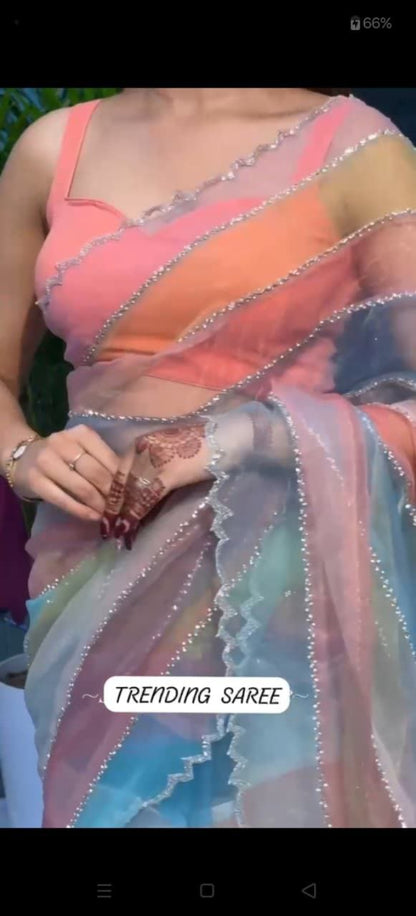 YNF Luxurious Soft Tabby Silk Saree with Zarkhan Stone Work & Contrast Satin Blouse