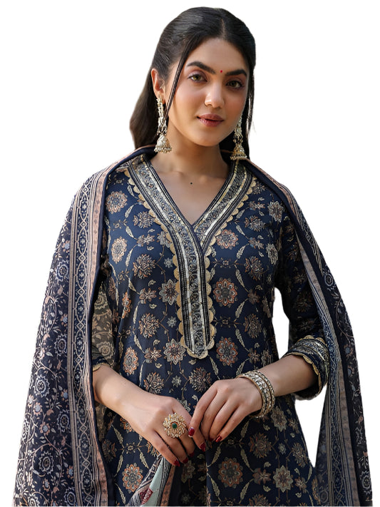 ICF Women Navy Blue Floral Cotton Kurti Set with Pant & Dupatta