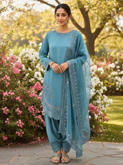 RE Natural Crepe Farshi Palazzo Suit with 3mm Sequence & Cutwork
