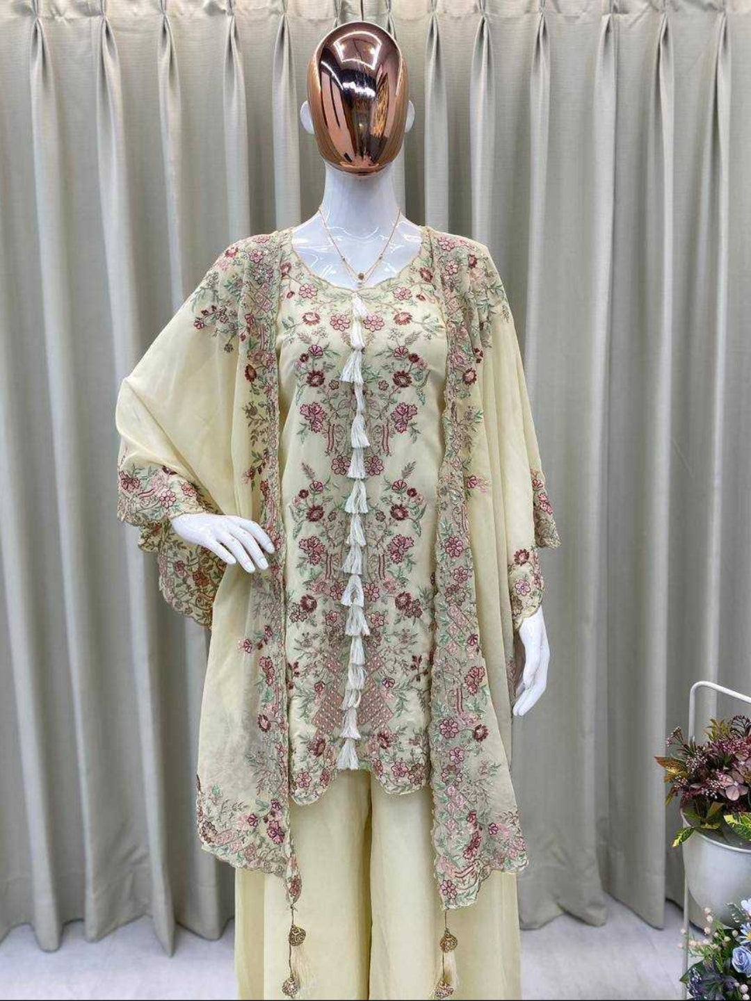 Women's Faux Georgette Sequence Embroidered 3-Piece Shrug, Kurta & Palazzo Set - RE