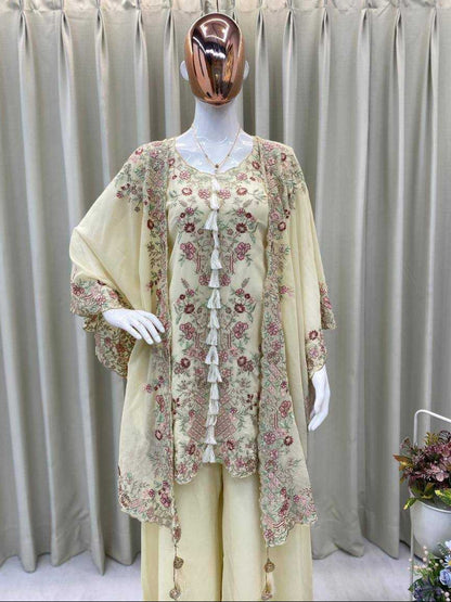 Women's Faux Georgette Sequence Embroidered 3-Piece Shrug, Kurta & Palazzo Set - RE