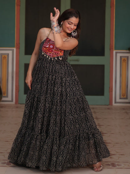 ES Bandhani Printed Sleeveless Gown with kutchi patchework in Faux Georgette.