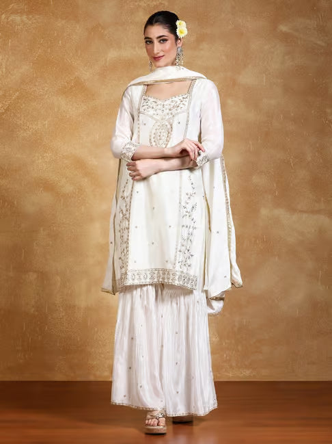 KF Zari Embroidered Yoke Kurta With Sarara Pant And Dupatta