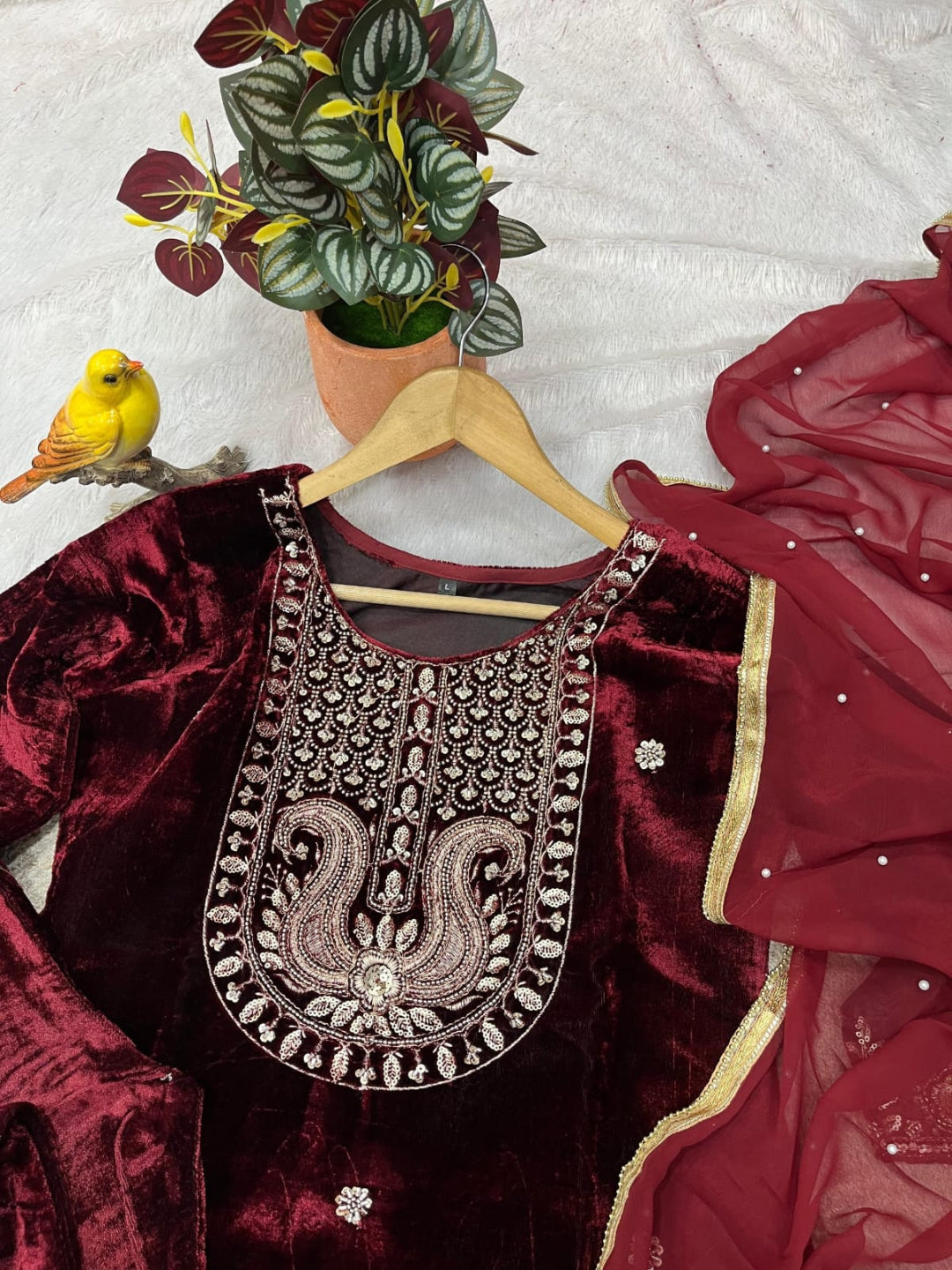 RE Designer 9000 Velvet Embroidered Suit Set with Sequin Work & Pearl Lace Dupatta (M-XXL)