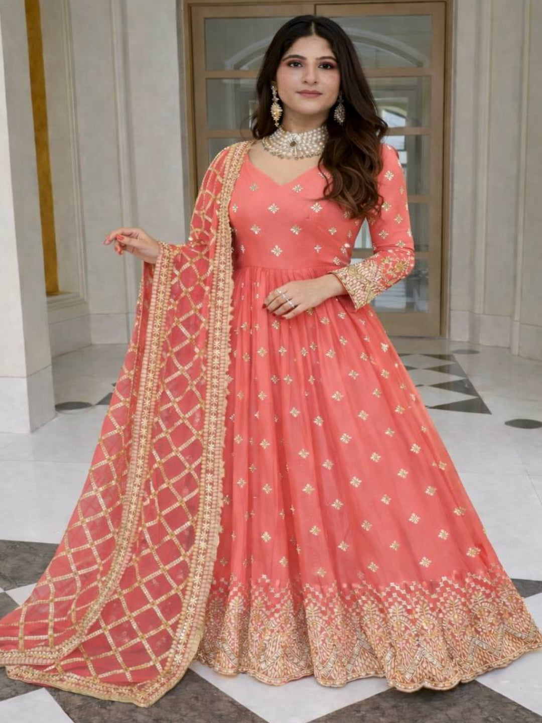 RE Heavy Fox Georgette Sequence Embroidery Gown Set with Butter Silk Pants & Zalar Dupatta