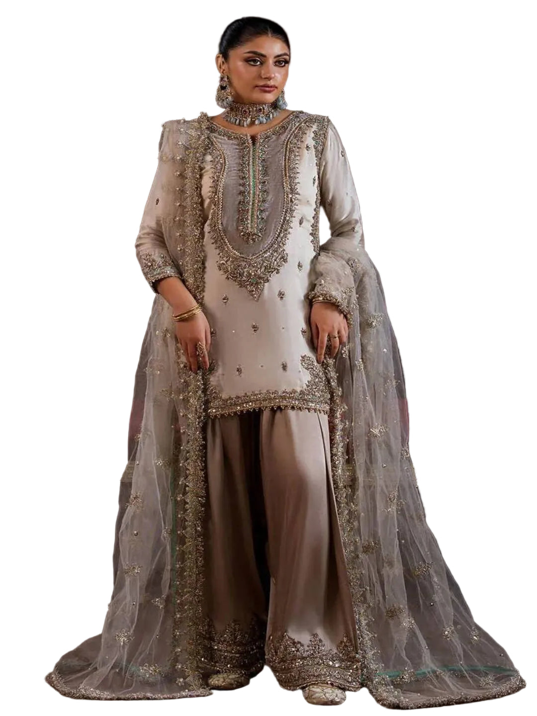 RE Crape Silk Sequence Embroidered Suit Set with Butterfly Net Dupatta