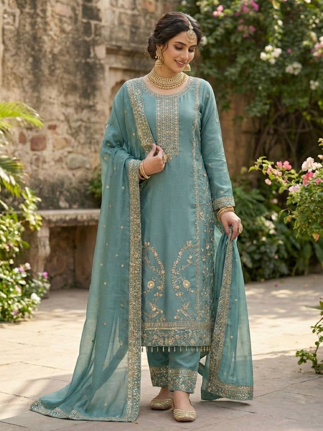 RE Pure GMY Silk Embroidered Suit Set with Sequence Work Palazzo and Dupatta (Sizes M-XXL)