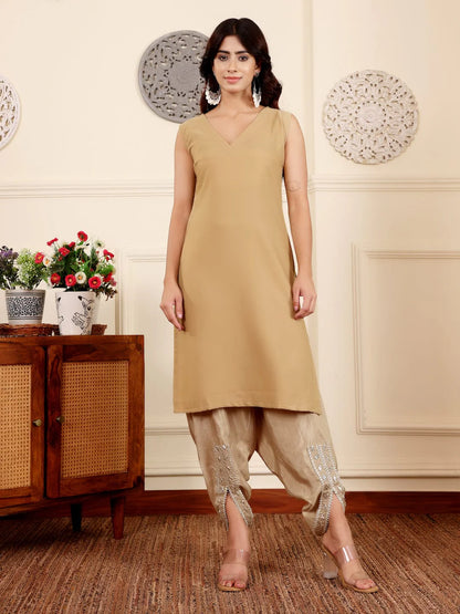 KF Colored Pure Silk Gotta And Mirror Embellished Kaftan With Tulip Pants