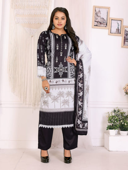ICF Women's Silk Blend Black & White Printed & Embroidered Kurti with Pant & Dupatta Set