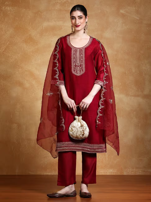 KF Women Zari & Sequin Embroidered Yoke Kurta With Trouser & Dupatta