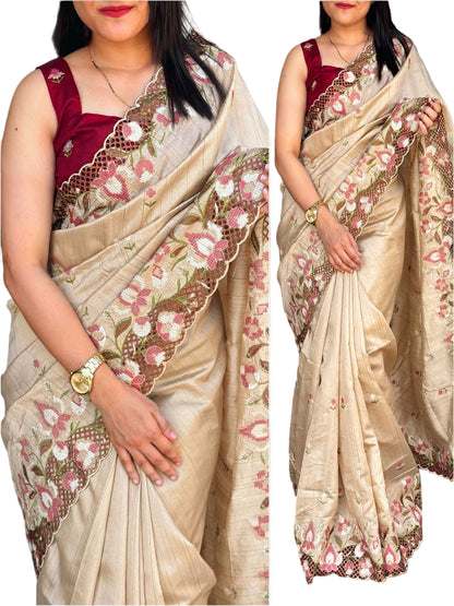 YNF Visca Slub Silk Saree with Thread Cut Work (10 Colors)