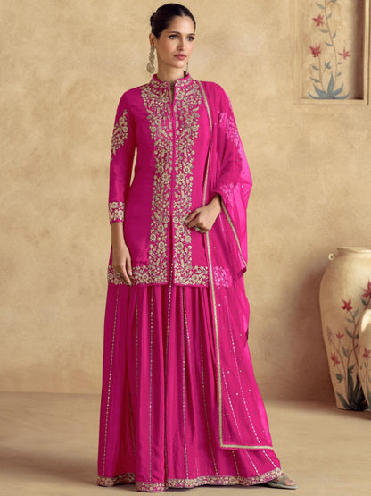 ES Top and Plazzo in Premium Chinon Silk (Free Size Stitch) & Dupatta in Premium Net