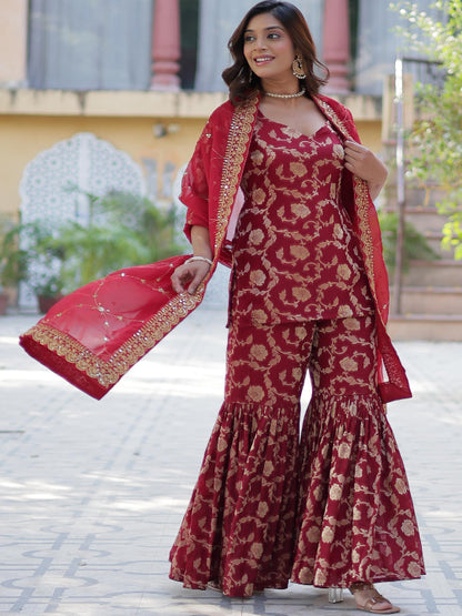 ES Georgette Jacquard Top, Gharara, and Dupatta with Sequins Embroidery and Lace Border