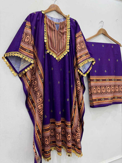 YNF Elegant Kaftan Dress Set (Navy/Yellow) | Viscose Velvet Fabric