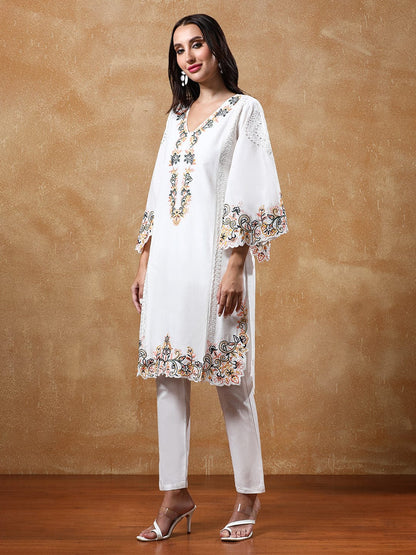 Varanga Women's Black Pure Cotton Embroidered Straight Kurta with Trousers