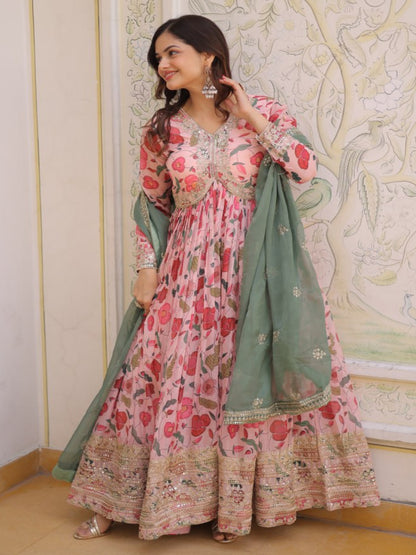 RE Designer Alia Cut Russian Silk Gown with Digital Print & Sequins Work