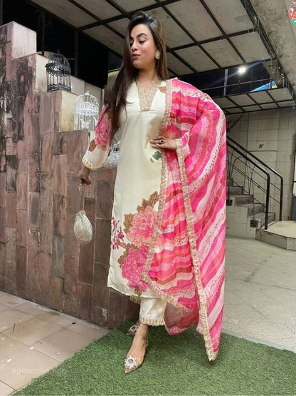 ICF Women Teby Silk  Floral Print Kurta with Pant & Dupatta