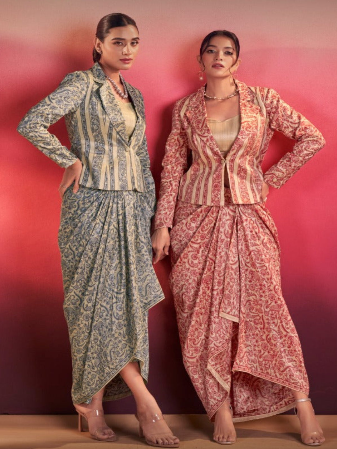 Women's Tasar Silk Printed 3-Piece Indo Western - Stitched Blouse, Top & Trousers- RE