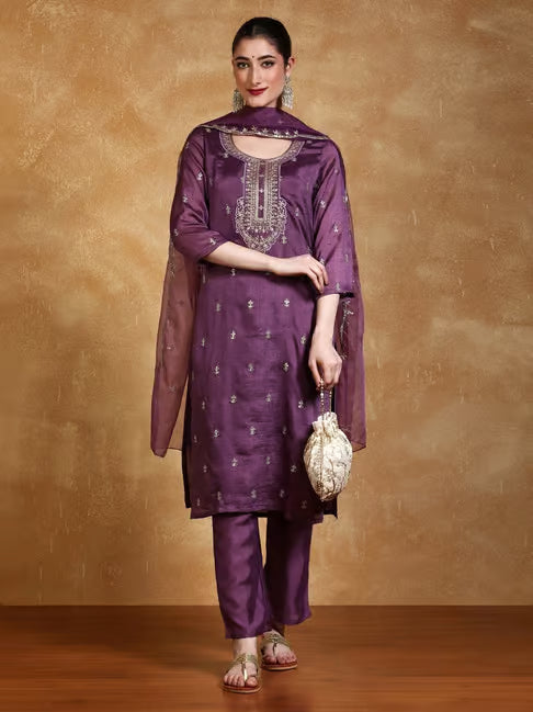 Varanga Embroidered Yoke Kurta With Trouser And Dupatta
