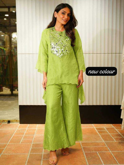 RE Designer Tebby Silk Co-ord Set with Mirror Work & Semi-Bell Sleeves